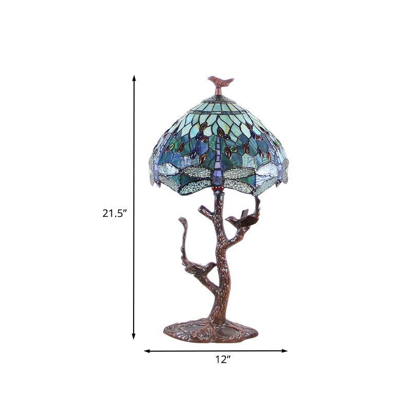 Dragonfly Stained Art Glass Night Light Victorian 1 Head Coffee Nightstand Lamp with Domed Shade and Bird Deco