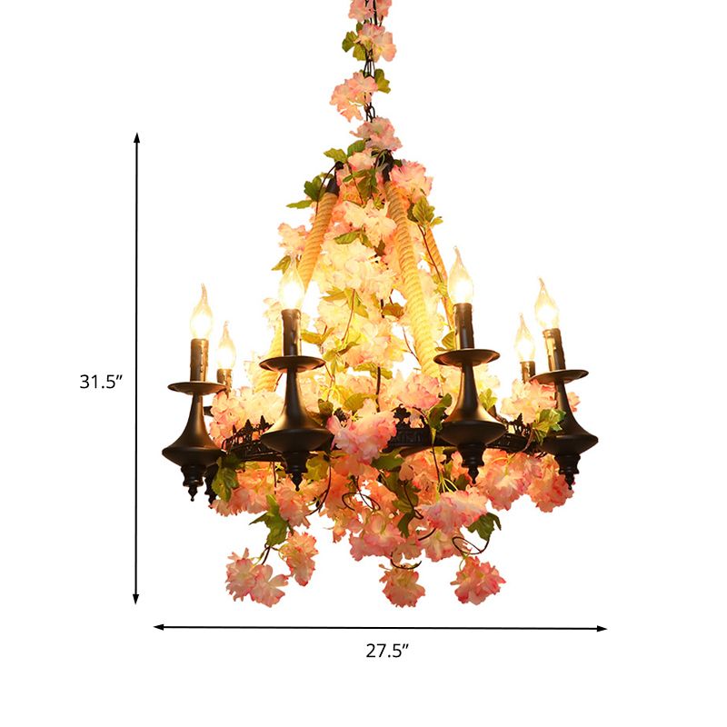 Metal Candle Chandelier Light Fixture Antique 6 Heads Restaurant LED Pendant Lamp in Pink with Cherry Blossom