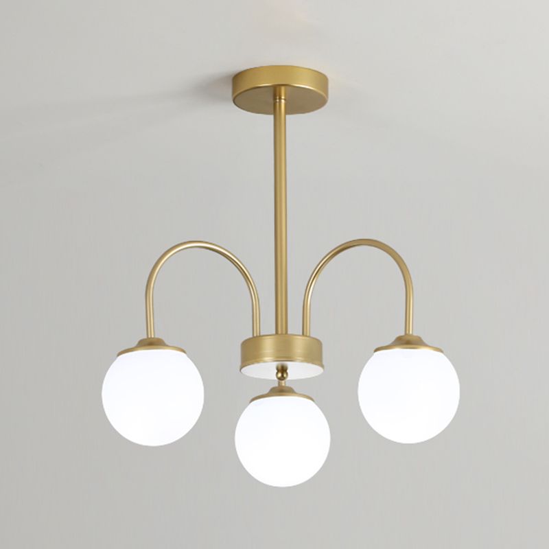 Gold Metal Chandelier Light Fixtures Modern 3-Head Globe Suspension Lamps with White Glass Shade
