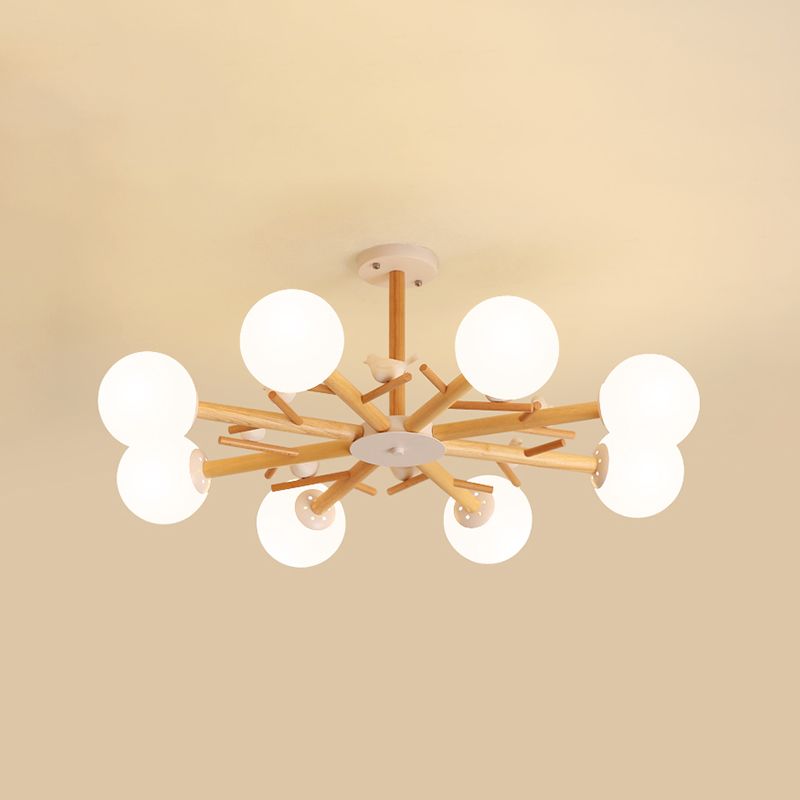 Wood Pendant Light Nordic Style Chandelier Lamp Fixture with Ball Glass Shade