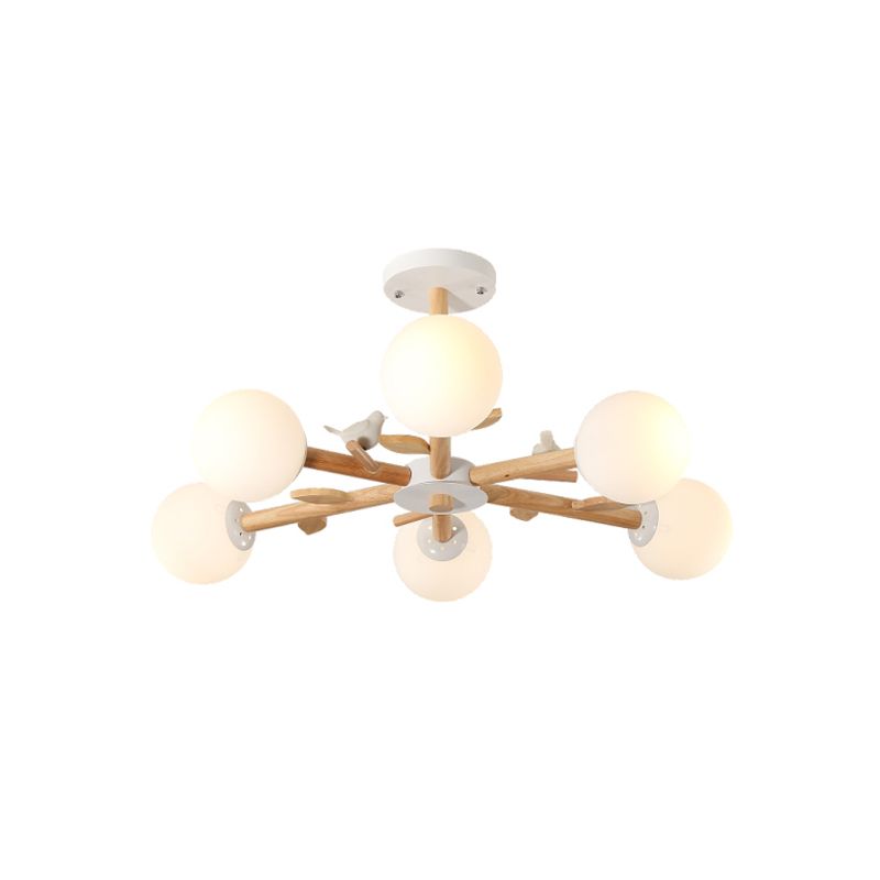 Radial Ceiling Mount Chandelier Nordic Wood 3/6-Bulb Bedroom Semi Mount Lighting with White Glass Shade and Bird Decor