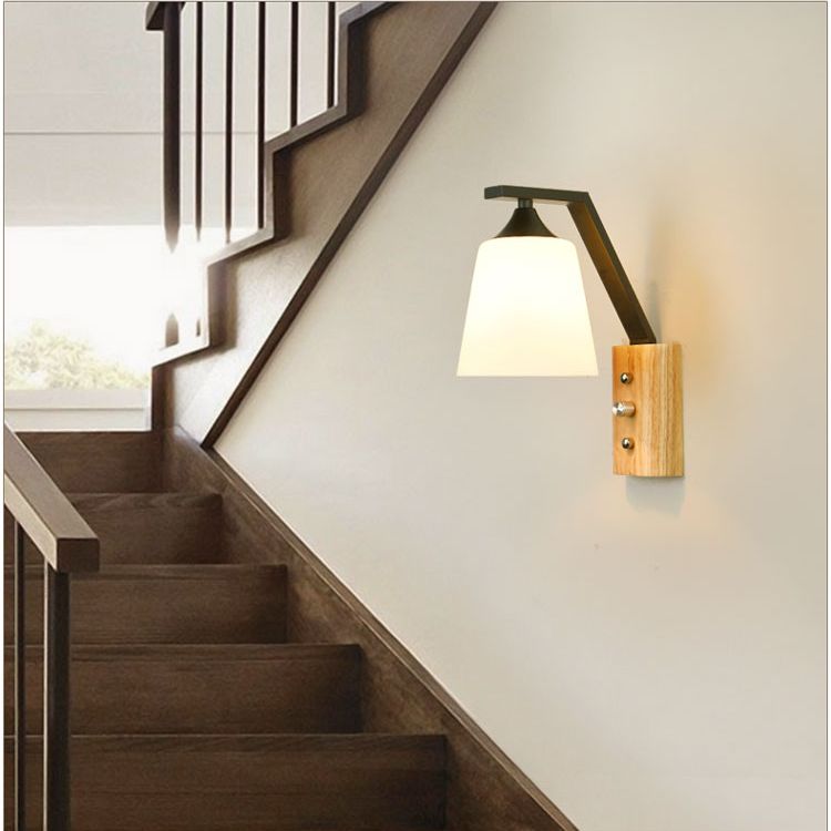 White Glass Wall Lighting Wooden Down Lighting for Study Room Bedroom