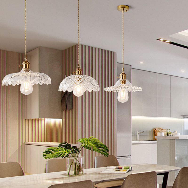 Shaded Textured Glass Pendant Light Antique 1-Light Restaurant Hanging Light Fixture in Brass