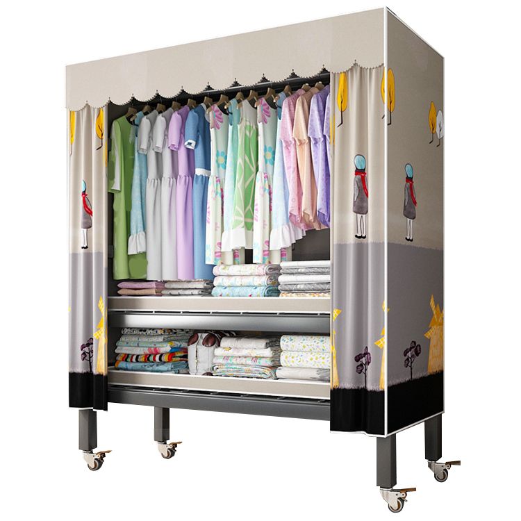 Foldable Freestanding Wardrobe Metal Frame Wardrobe with Casters