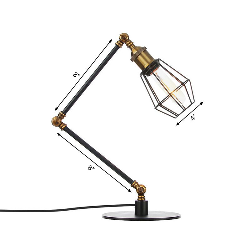 Wire Frame Table Lighting Industrial Style Metal 1 Light Black/Brass Finish Table Lamp with Adjustable Arm