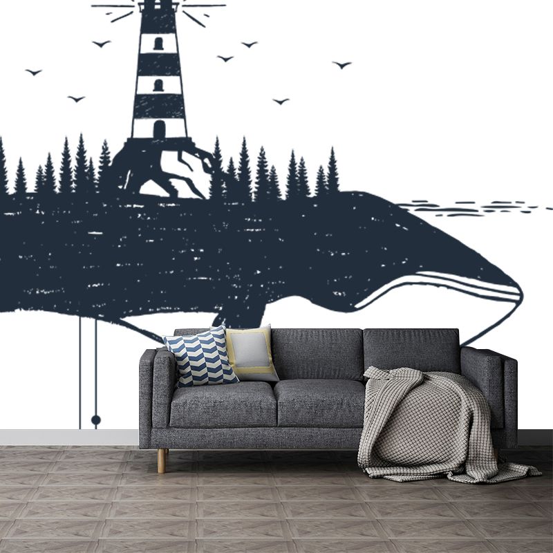 Black-White Modern Wall Mural Full-Size Tower on Whale Wall Covering for Accent Wall