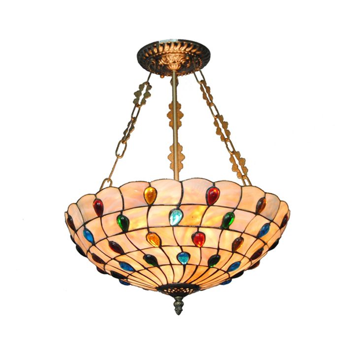 16"/18" W Tiffany Ceiling Lighting 3 Lights Jeweled Semi Flush Light in Beige with Chain and Art Glass Shade