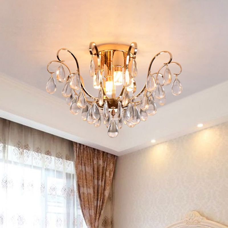 Gold Scroll Flush Mount Chandelier Vintage Crystal Droplet 4-Bulb Hotel Ceiling Light Fixture
