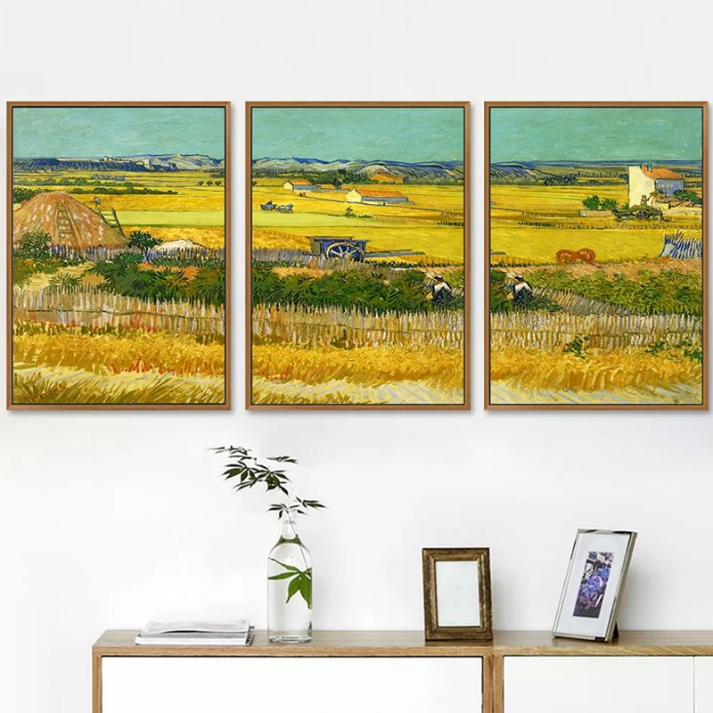 Poetic Wheat Field Painting for Home Van Gogh Artwork Wrapped Canvas in Green, Textured