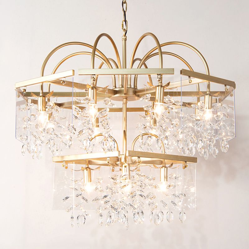 Gold Geometric Shaped Chandelier Antique Metal Dining Room Hanging Lighting with Crystal Drops