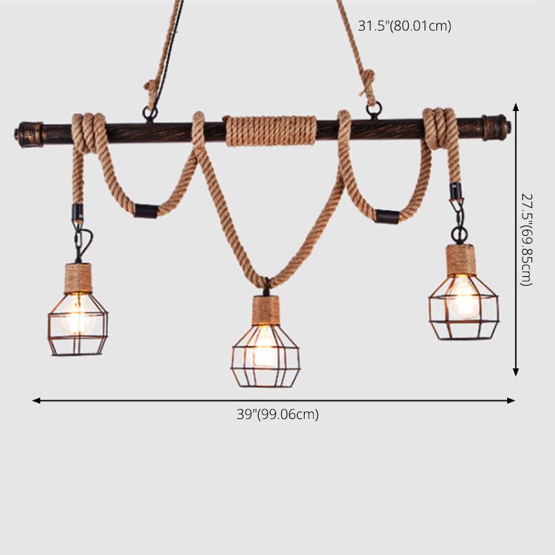 Beige 3-Light Island Lamp Industrial Metal Grenade Shaped Pendant Light with Pipe and Hemp Rope