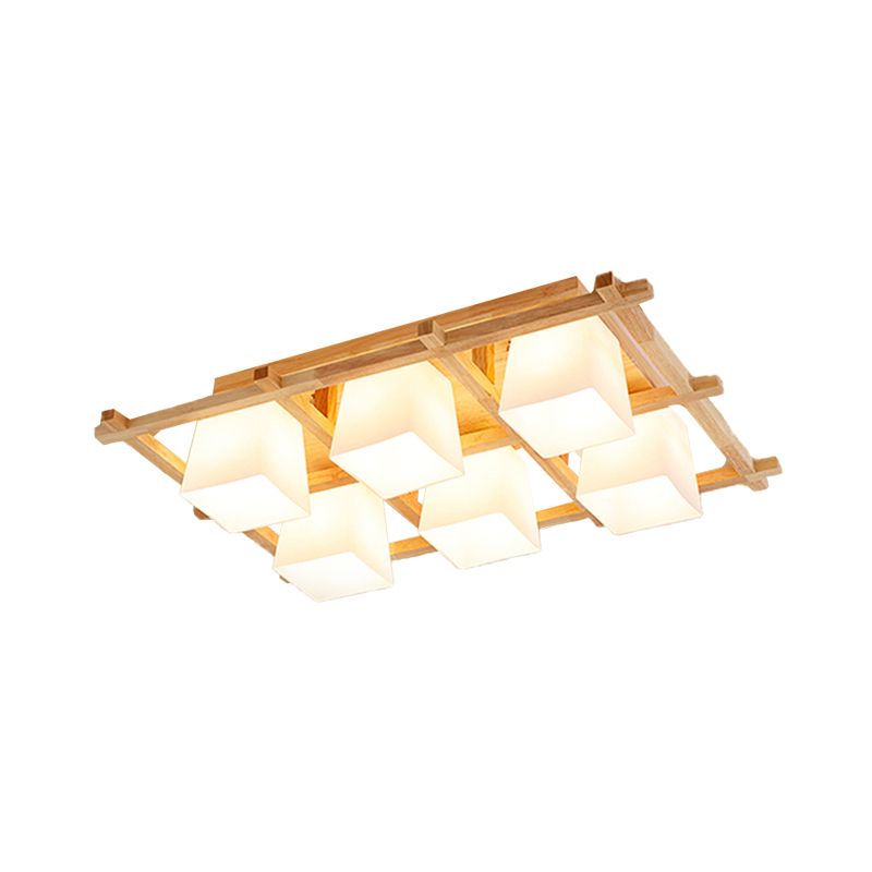 Wooden Checkerboard Shape Flush Mount Light Study Room Japanese Style Ceiling Light in Beige