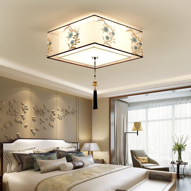 White Geometric Flush Mount in Traditional Concise Style Wrought Iron Ceiling Light with Fabric Shade