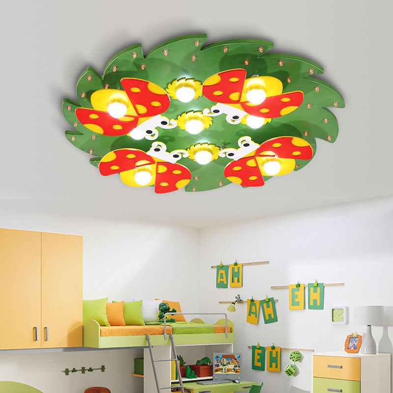 Wood Tree Ceiling Light with Ladybug Deco Modern Cartoon Flush Mount Light for Kid Bedroom