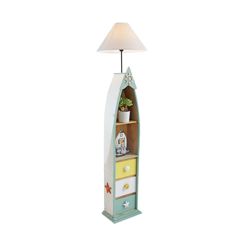 Lampada da pavimento a tavola da surf a surf in legno Bambini a testa singola rosa/verde/blu in piedi luce con tonalità in tessuto bianco cono
