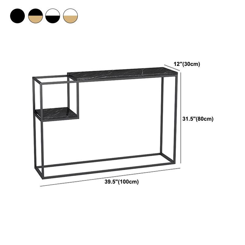Rectangle Marble Top Console Table with Storage Shelf and Iron Frame Base