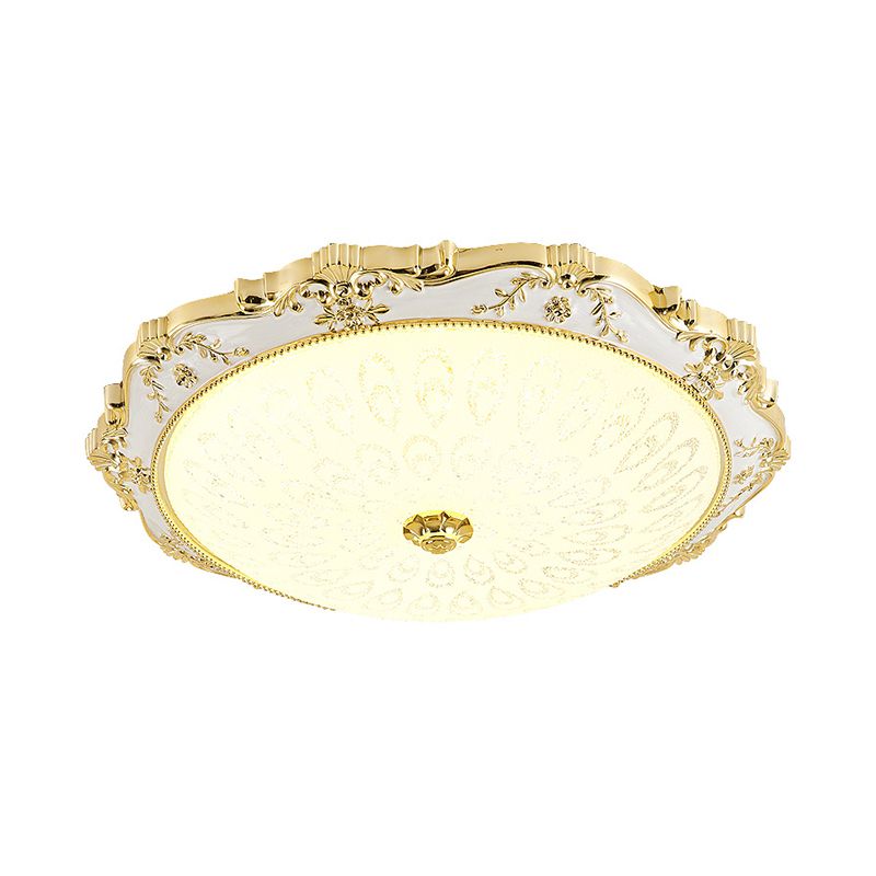 LED Round Ceiling Flush Traditional White and Gold Milky Glass Printed Flush Mount Lighting