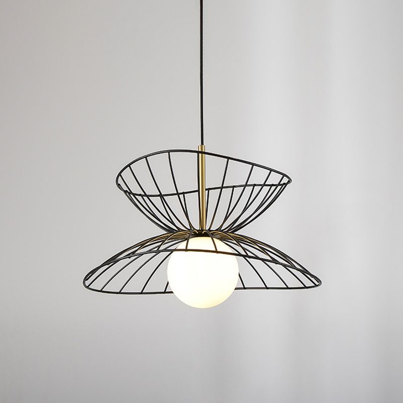 Black/Gold Double-Flared Pendulum Light Modern 1 Head Metal Ceiling Pendant Lamp with Ball Opal Glass Bottom