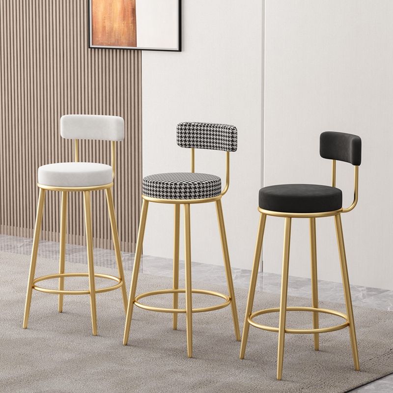 Glam Fabric Bar Stools Low Back Round Seat Barstool with 4 Gold Iron Legs