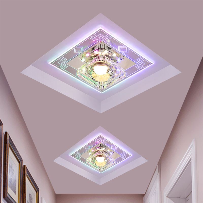 LED Corridor Flush Light Fixture Modern Chrome Close to Ceiling Lamp with Trapezoid Clear Crystal Shade