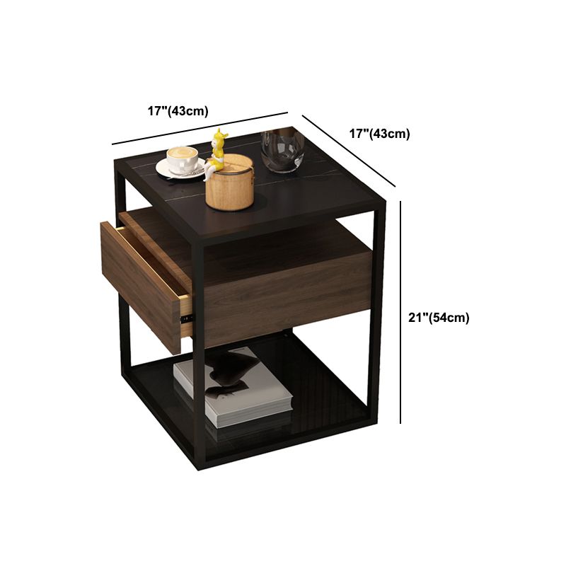 Square Glass/Stone Top End Table 21.26" Tall 1-Drawer Side Table with Storage Shelf