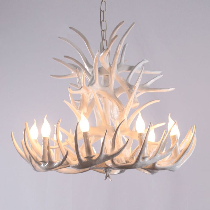 Bulbe Bare Antler Chandelier Country Style Suspension en résine blanche Lumière pour le salon