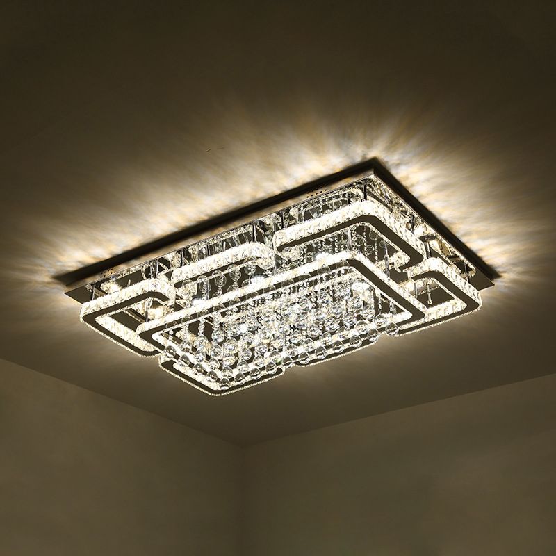 Rectangle Flush Mount Lamp Modern Crystal Living Room Ceiling Flush Light in Chrome