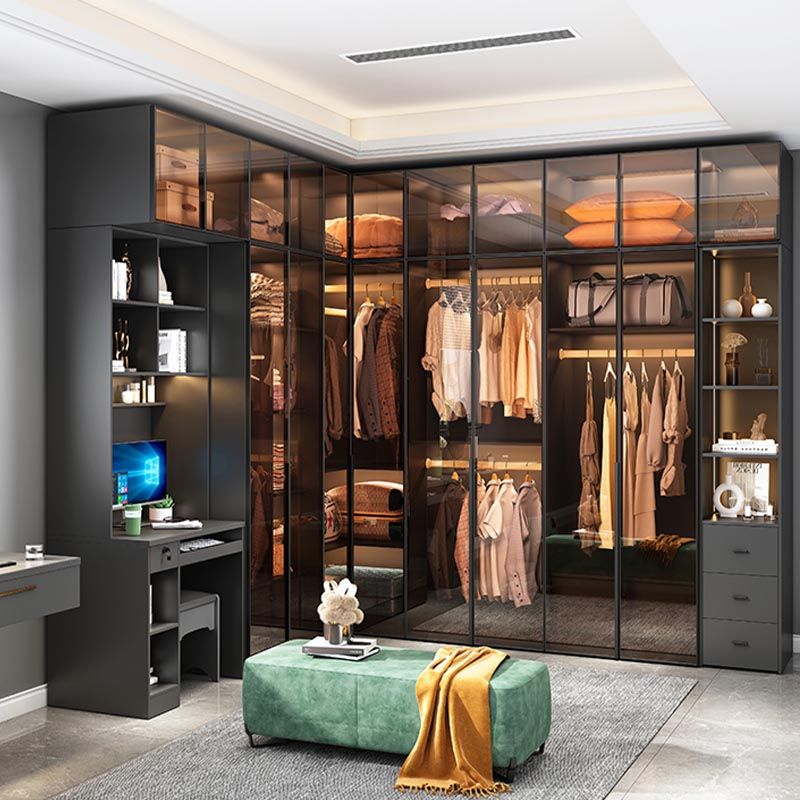 Brown Cabinet with Glass Doors Modern Hinged Door Wardrobe for Home