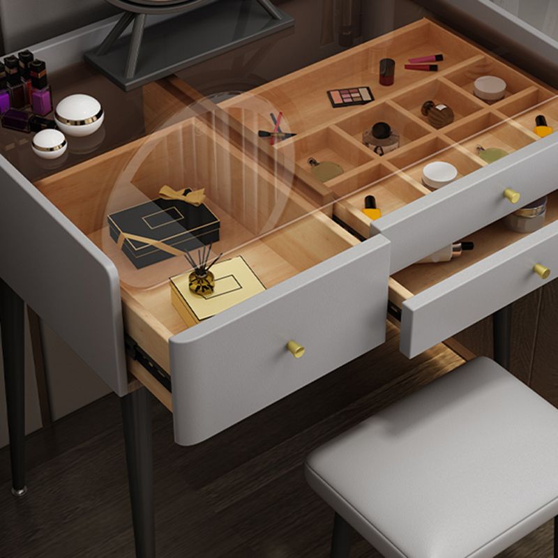 Modern Glass Top Makeup Vanity Table in Gray with Storage Drawers