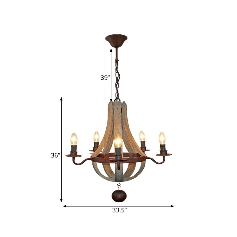 5/6 lumières lustre d'éclairage luminaire rustique vin baril bois suspendu léger en marron pour chambre à coucher