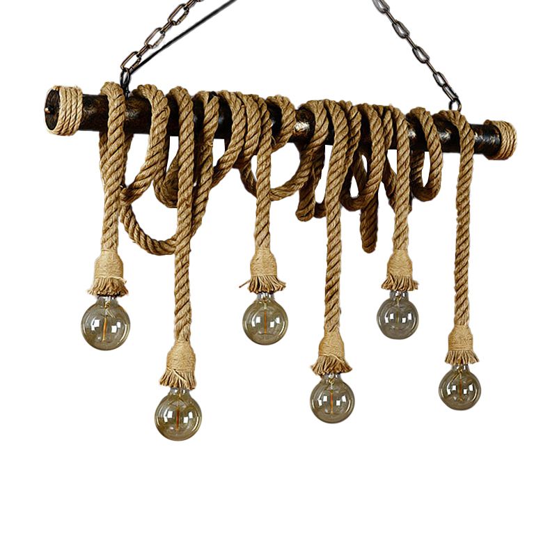 4/6 Lights Jute Rope Island Pendant Farmhouse Brown Linear Wine Bar Hanging Ceiling Light