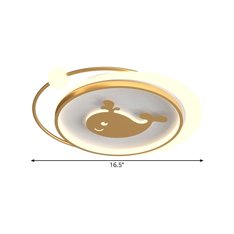 Lámpara circular de techo para habitación de niños, lámpara LED metálica de montaje empotrado en oro con patrón de avión/corazón/delfín