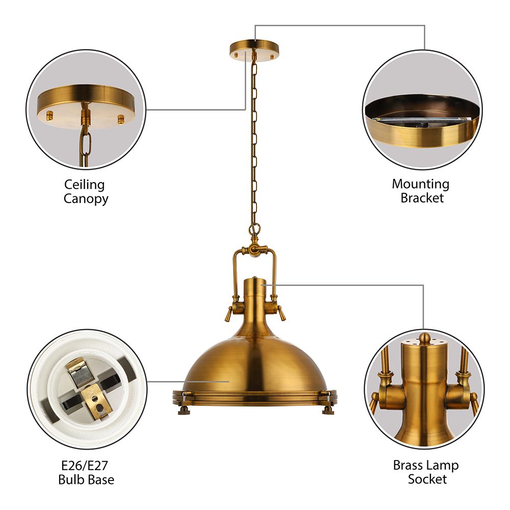 Antique Brass/Brass/Copper Finish 1 Light Pendant Lighting Industrial Metal Domed Ceiling Fixture with Frosted Diffuser