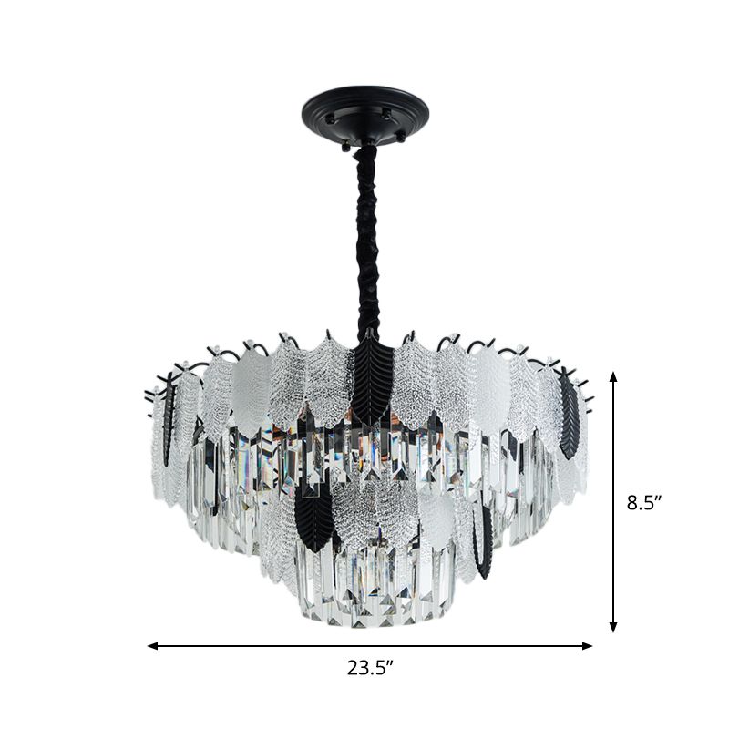 Tiered Ceiling Chandelier Modernist Crystal 11 Lights Black Hanging Light Kit with Leaf Acrylic Detail