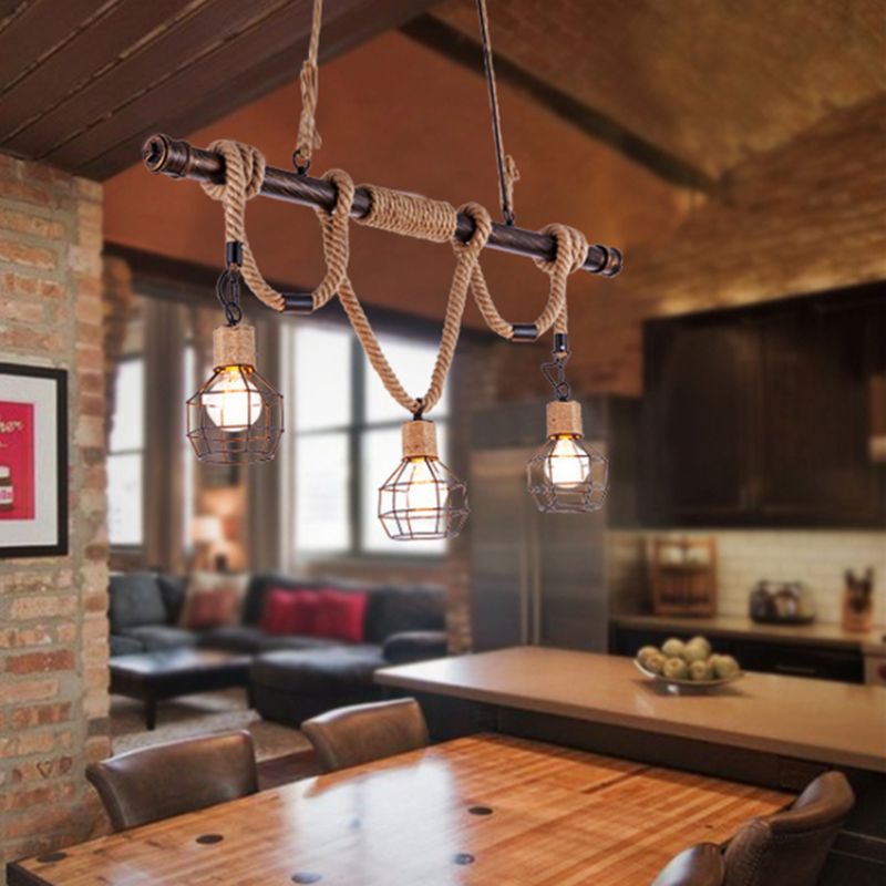 Beige 3-Light Island Lamp Industrial Metal Grenade Shaped Pendant Light with Pipe and Hemp Rope