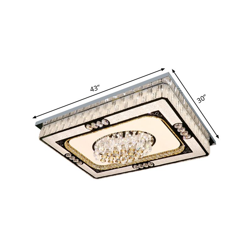 Nickel Rectangle Flush Light Fixture Contemporary Clear Crystal Blocks Great Room LED Ceiling Mount