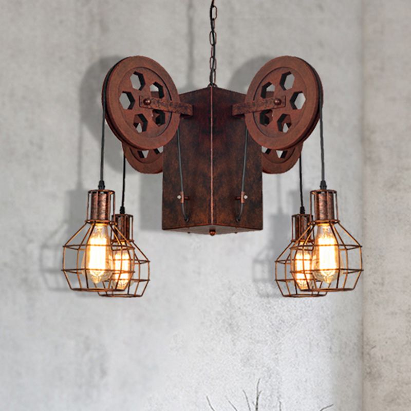 Metal Rust Pendant Lamp Caged Globe 4/6 Light Industrial Chandelier Light Fixture with Gear