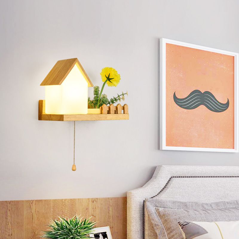 Modern Style House Shape Wall Light Wood 1 Light Sconces for Bedroom without Plant