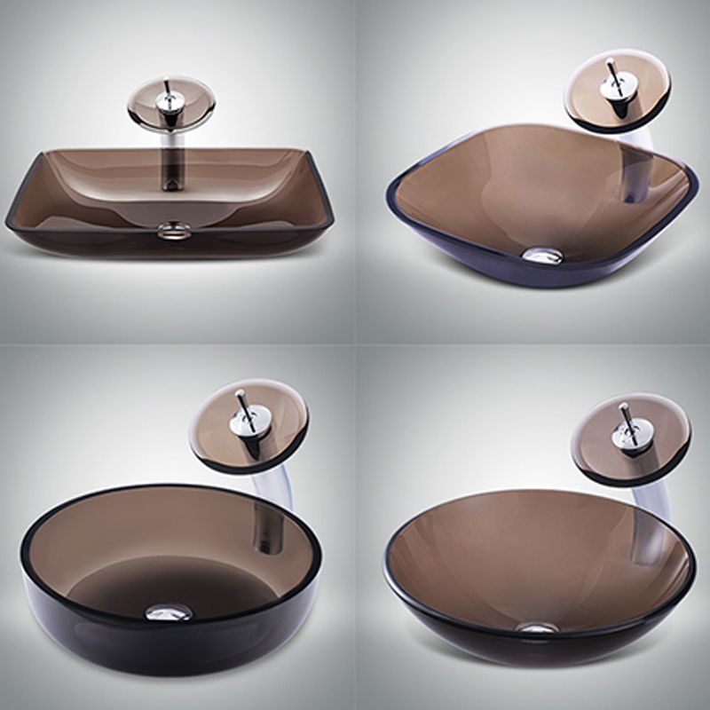 Modern Vessel Sink Oval Glass with Pop-Up Drain and Faucet Vessel Lavatory Sink