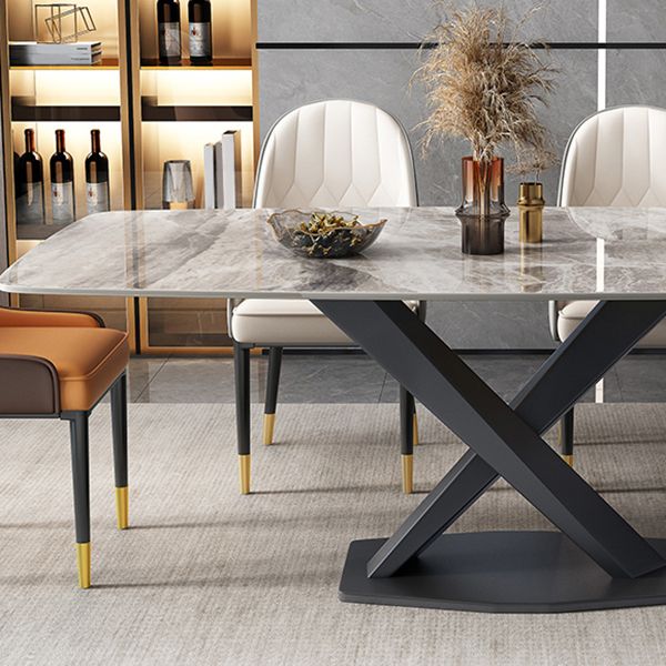Modern Rectangular Grey Stone Top Dining Table with Black Steel Base