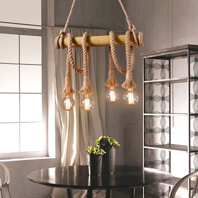 Vintage Hemp Rope Chandelier Industrial Retro Linear Exposed Bulb Bamboo Pendant for Restaurant