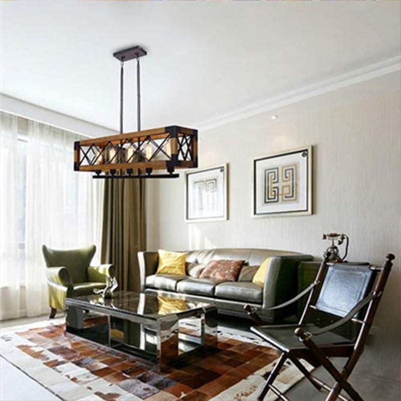 Black Caged Island Linear Pendant Retro-Style Metal Dinning Room Island Chandelier Light