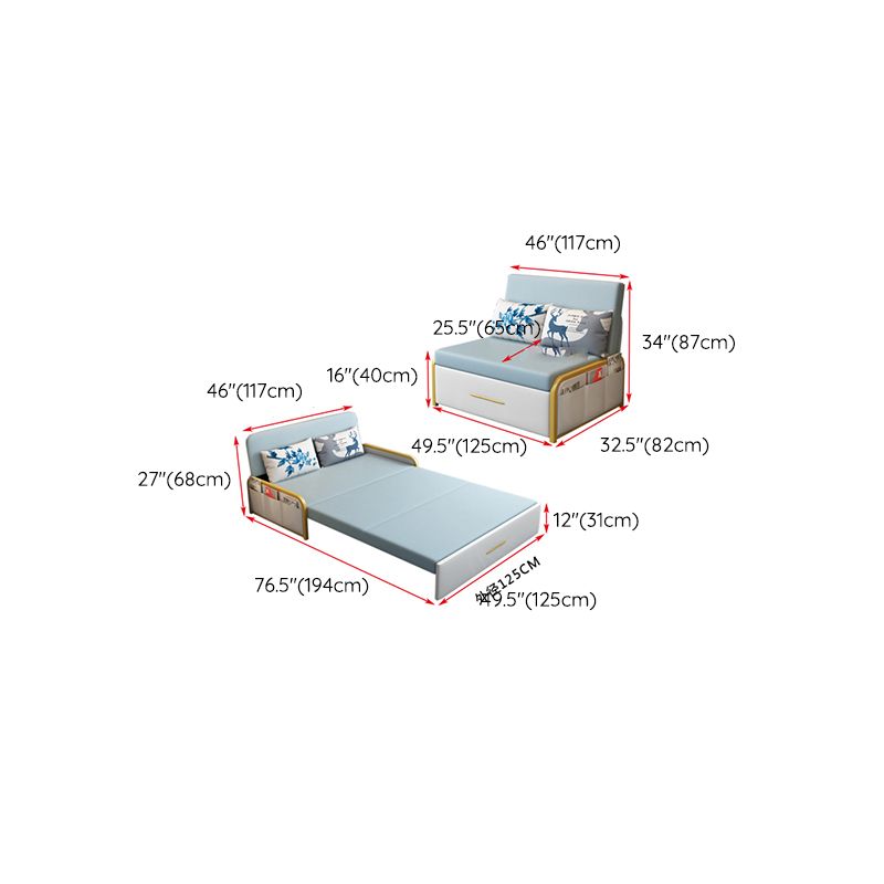 Glam Round Arms Futon Frame Bonded Leather Blue Sleeper Sofa