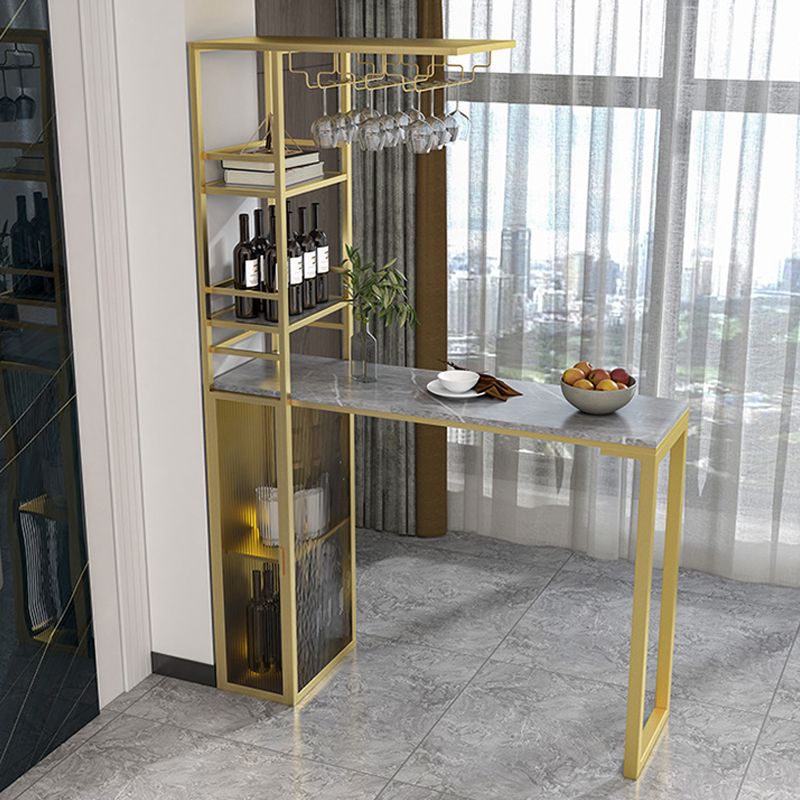 Double Pedestal Pub Table Rectangle Glam Bar Table with Wine Rack