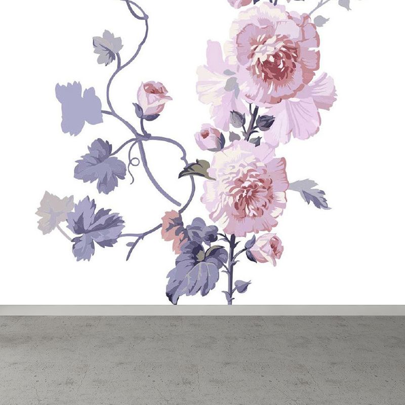 Modern Flowers Wall Mural Non-Woven Stain Resistant Pink Wall Art for Living Room