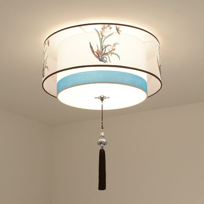 Geometric Wrought Iron Ceiling Light in Traditional Simplicity Fabrics Indoor Flush Mount with Ceramic Flower Decoration