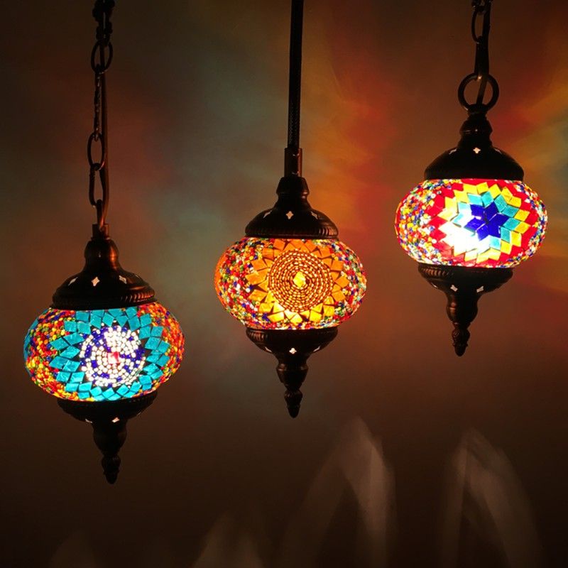 Stained Glass Oblate Pendant Light Vintage 1 Head Restaurant Suspension Light Fixture