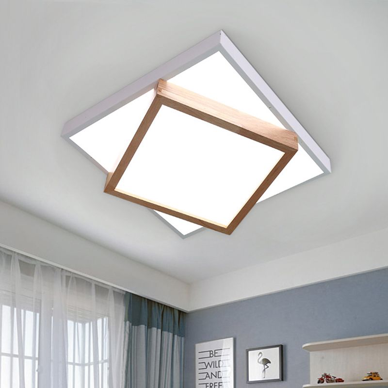 White/Grey 2-Tier Square Flush Lamp Modernism Wood LED Ceiling Flush Mount Light for Living Room in White/Warm Light