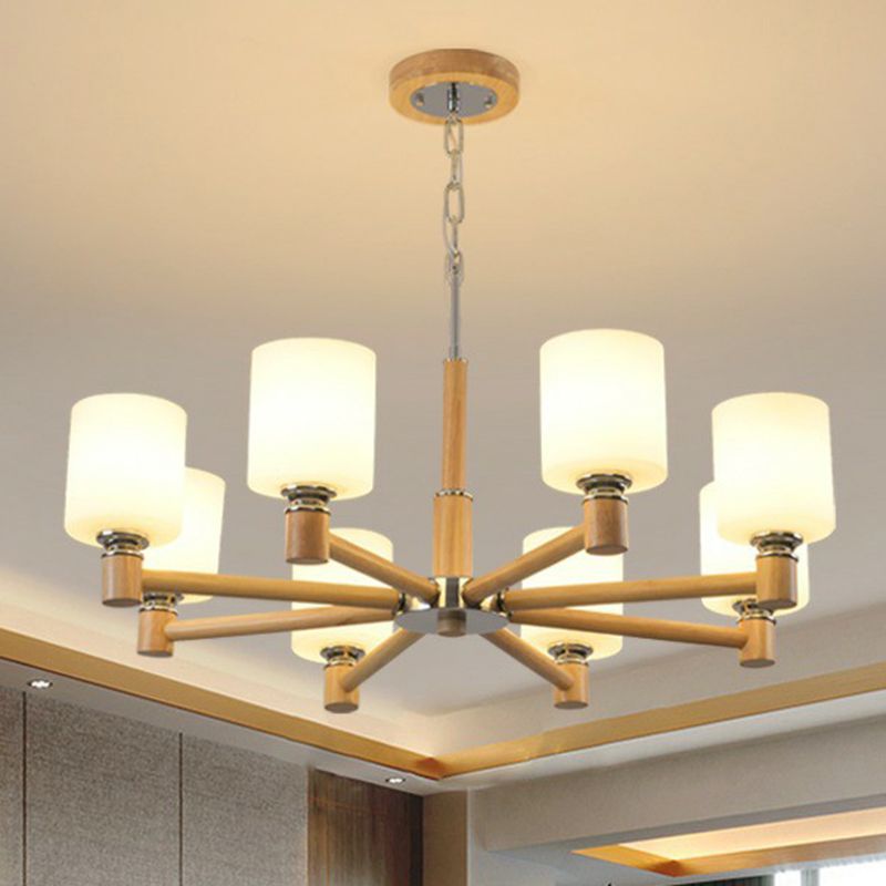 Wood Cylinder Ceiling Chandelier Minimalist White Glass Hanging Pendant Light for Bedroom