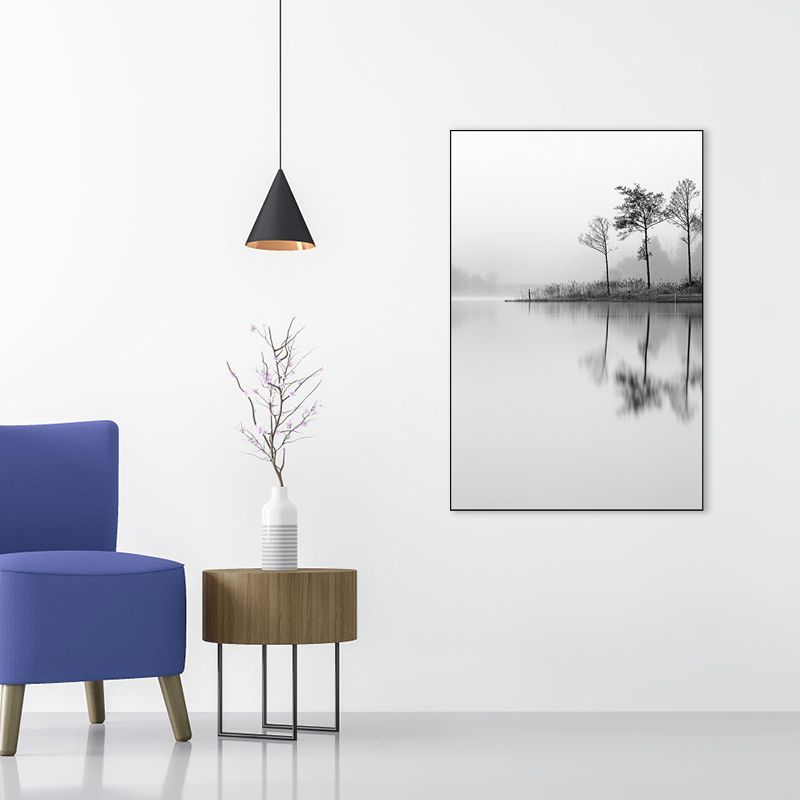 Strukturierte Leinwandmalerei im Vintage-Stil im Flussufer-Landschafts-Wand-Kunst-Dekor in Grau